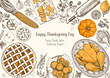 Thanksgiving day top view vector illustration. Food hand drawn sketch. Festive dinner with turkey and potato, apple pie, vegetables, fruits and berries. Autumn food sketch. Engraved image.