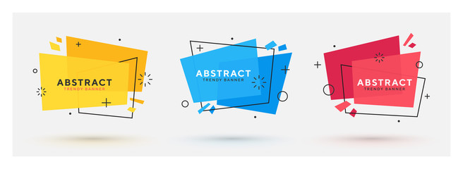 Poster - Set of modern abstract vector banners. Flat geometric shapes of different colors with black outline in memphis design style. Template ready for use in web or print design.