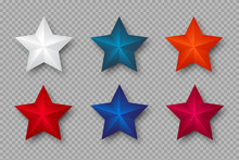 Set Of 3d Stars In Colors Of USA. Decorative Elements For National American Holiday Design. Isolated On Transparent Background. Vector Illustration.