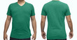 Green blank v-neck t-shirt on human body for graphic design mock up