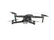 New dark grey drone quadcopter with digital camera and sensors flying isolated on white