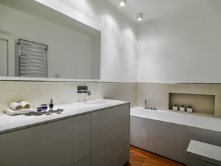 modern bathroom interiors in the foreground the sink cabinet with built-in washbasin