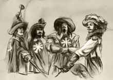 The Three Musketeers. An Hand Drawn Illustration. Freehand Drawing, Painting.