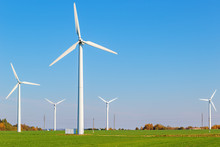 Wind Turbines Among A Green Field On A Sunny Autumn Day