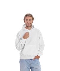 Wall Mural - Portrait of man in hoodie sweater on white background. Space for design