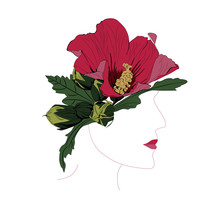 Abstract Woman Profile With Red Hibiscus Flowers. Illustration Of A Pretty Woman With A Fantasy Hairdo. 