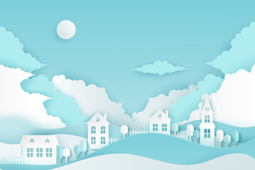 Wall Mural - Urban countryside landscape village with cute paper houses, waves and fluffy clouds. Pastel colored paper cut background