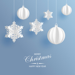 abstract background with volumetric paper snowflakes and christmas ball. white 3d snowflakes and dec