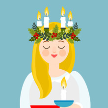 Saint Lucia With Floral Wreath And Candle Crown, Swedish Christmas Tradition, Vector Illustration.