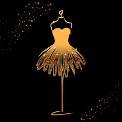 Tailor dummy fashion icon on black background. Atelier, designer, constructor, dressmaker object. Gold sparkling Couture symbol, silhouette. Vector illustration.