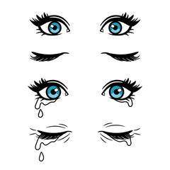Wall Mural - Wide open and closed vector cartoon female eyes. Crying blue eyes isolated on white background