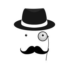 London Gentleman With Hat And Monocle.Secret Agent. Businessman, Mafia, Detective. Vector Cartoon Illustration