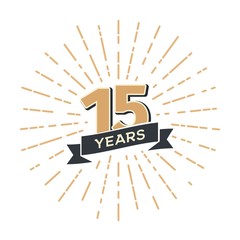 Wall Mural - 15 th anniversary retro vector emblem isolated template. Vintage logo Fifteen years with ribbon and salute on white background