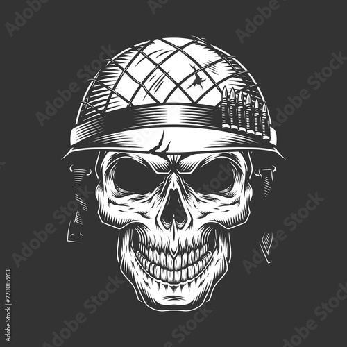 Skull in soldier helmet monochrome concept