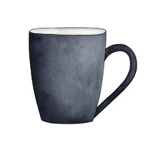 Black Ceramic Mug Watercolor Illustration. Can Be Used As Cozy Mock Up For Lettering, Text Notes, Personalized Messages. Sketchy Water Color Painting On White, Clipart Element For Design And Decor.