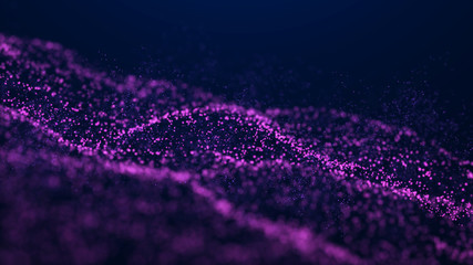 Poster - Wave Glow. Wave of particles. Wave 3d. 3d rendering. Futuristic purple dots background with a dynamic wave. Abstract Big Data Visualization.