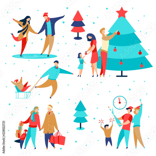 Modern Cartoon Flat Characters Family Winter Holidays Happy New Year Concept Set Flat Small People Happily Decorating Christmas Tree Celebrating Holiday Shopping Carry Gift Boxes Ice Skating Sledding Buy This Stock Vector And Explore Similar Vectors Cartoons, ice skaters, figure skaters, outdoors, group, boots, backgrounds, icons, synchronized the images in ice skating clipart galore are grouped by subject matter. adobe stock