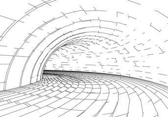 Poster - Tunnel or wormhole. Digital 3d wireframe tunnel. 3D tunnel grid. Network cyber technology. Surrealism. Background abstract vector image