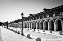 Incredible Horizontal Photo In Black And White Of The House Of The Infants In Aranjuez. Path Around The Palatial Building.
