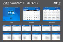 Calendar 2019, Desk Calendar Template, Set Of 12 Months, Planner,  Week Starts On Sunday, Stationery Design, Advertisement, Vector Layout, Blue Cover Design, Business Brochure Flyer