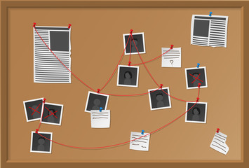 Investigation board with pinned photos, newspapers and notes. Cops plan for solve the crime. Detective map vector illustration.