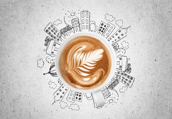 Wall Mural - Cup od hot coffe on doodles background