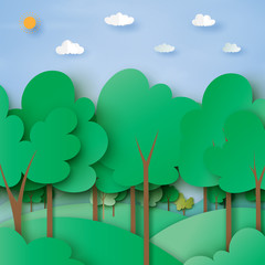Poster - Ecology and environment concept with green forest and nature landscape background paper cut background.Vector illustration.