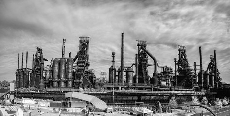 Panoramic view of the steel factory still standing in Bethlehem PA as it rusts, and discolors with age