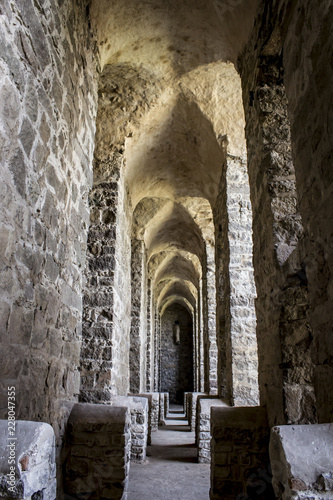 Fotografie, Obraz Long Corridor with Ancient Stone Walls and Arches at Golconda Fort in Hyderabad,