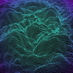 Poster - Digital landscape with mountains or clouds made of line grid