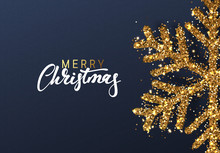 Christmas Background With Shining Gold Snowflakes. Lettering Merry Christmas Card Vector Illustration.
