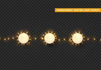 Wall Mural - Christmas lights, isolated realistic design elements on transparent background. Xmas decorations glow light garlands golden color.