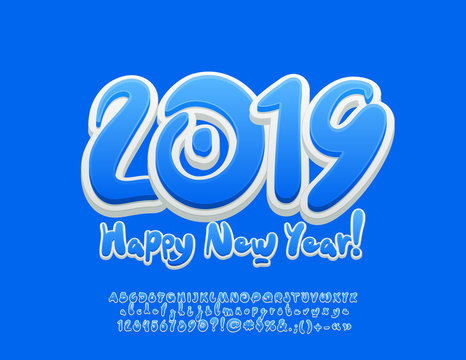 Vector cute Greeting Card Happy New Year 2019 for Children. Funny Handwritten Font. Blue Alphabet Letters, Symbols and Numbers