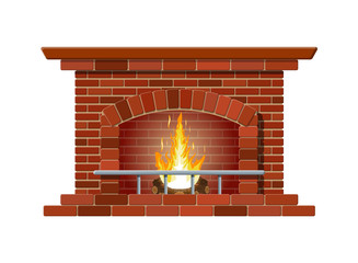 Winter interior bonfire. Fireplace made of bricks