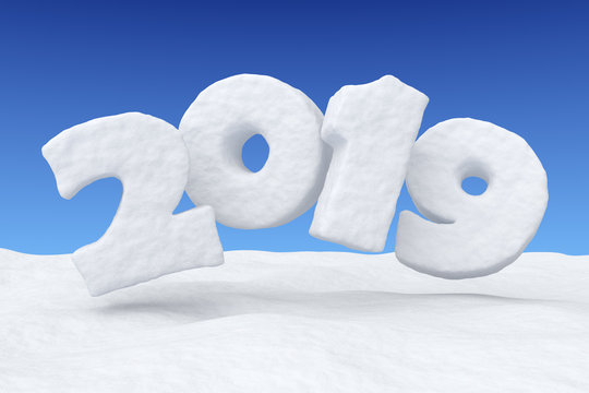 2019 New Year snow text over snow under blue sky
