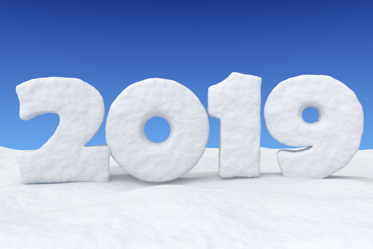 2019 New Year snow text on snow under blue sky