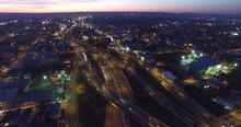 Aerial Of Traffic & Buildings In Newark New Jersey East Orange At Night