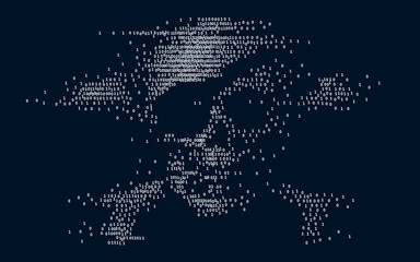 digital skull and crossbones on binary code