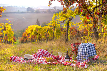 Wall Mural - Picnic at sunset in the hills of Italy. Vineyards and open nature in the fall. Romantic dinner, fruit and wine. Copy space. Free space for text.