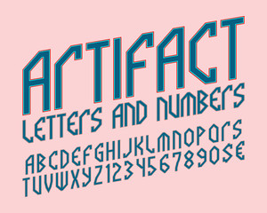 Leinwandbilder - Artifact alphabet with numbers and currency symbols. Mythological style font.