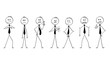 Cartoon stick drawing conceptual illustration of group or team of businessmen or politicians in angry poses. They are facing camera and showing different expression of anger.