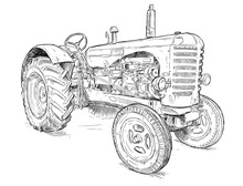 Vector Artistic Pen And Ink Drawing Of Old Tractor. Tractor Was Made In Scotland, United Kingdom In Between 1954 - 1958 Or 50's.