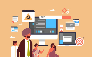 Poster - indian couple man woman monitoring seo search engine optimization internet searching concept flat horizontal vector illustration
