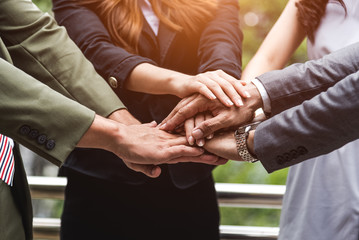 Close up of business people hands stacking as teamwork leadership assemble corporate in team company. Group of teamwork and cooperation as partnership and trust togetherness meeting collaboration.