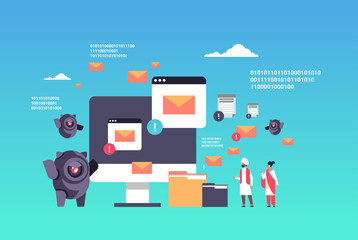 Poster - spam bot email spamming attack robot computer application internet spammer concept artificial intelligence indian people teamwork strategy flat horizontal vector illustration