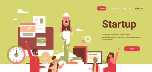 Poster - indian business people creating new successful startup project concept space rocket launching flat h
