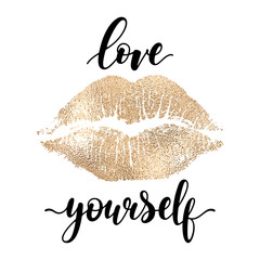 Love yourself - handwritten black lettering with a golden lip imprint, isolated on a white background. A modern vector design featuring decorative inscription for a motivational poster.