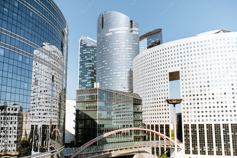 Morning view of La Defense financial district with beautiful skyscrapers in Paris - obrazy, fototapety, plakaty 