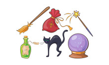 Magic And Spell Signs Set, Halloween Holiday Magical Elements, Crystal Ball, Broom, Potion Bottle, Black Cat Vector Illustration On A White Background