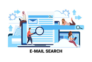 Poster - mix race people magnifier zoom searching information email search concept flat teamwork strategy horizontal vector illustration